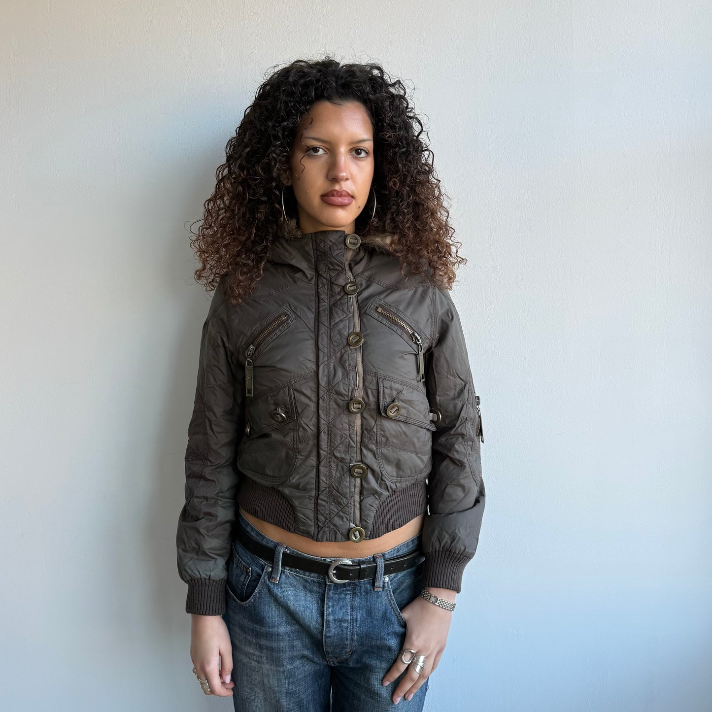 Brown padded faux fur hood - Size S