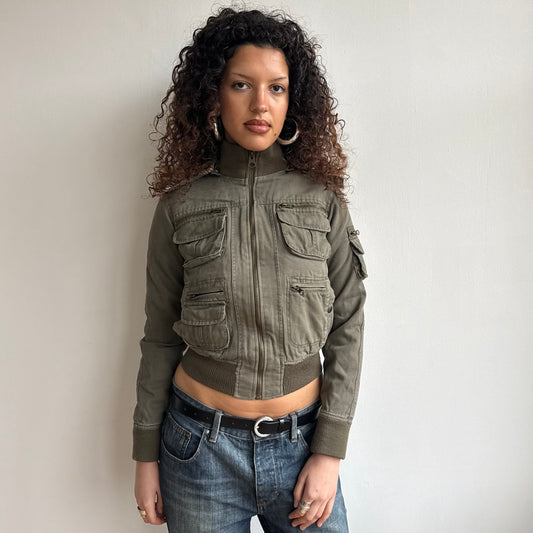 Khaki bomber with faux fur hood - Size XS
