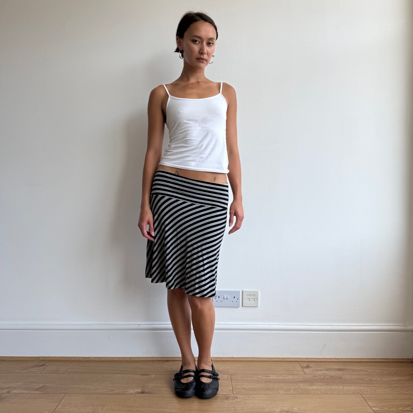 Black + grey striped midi skirt - Size S