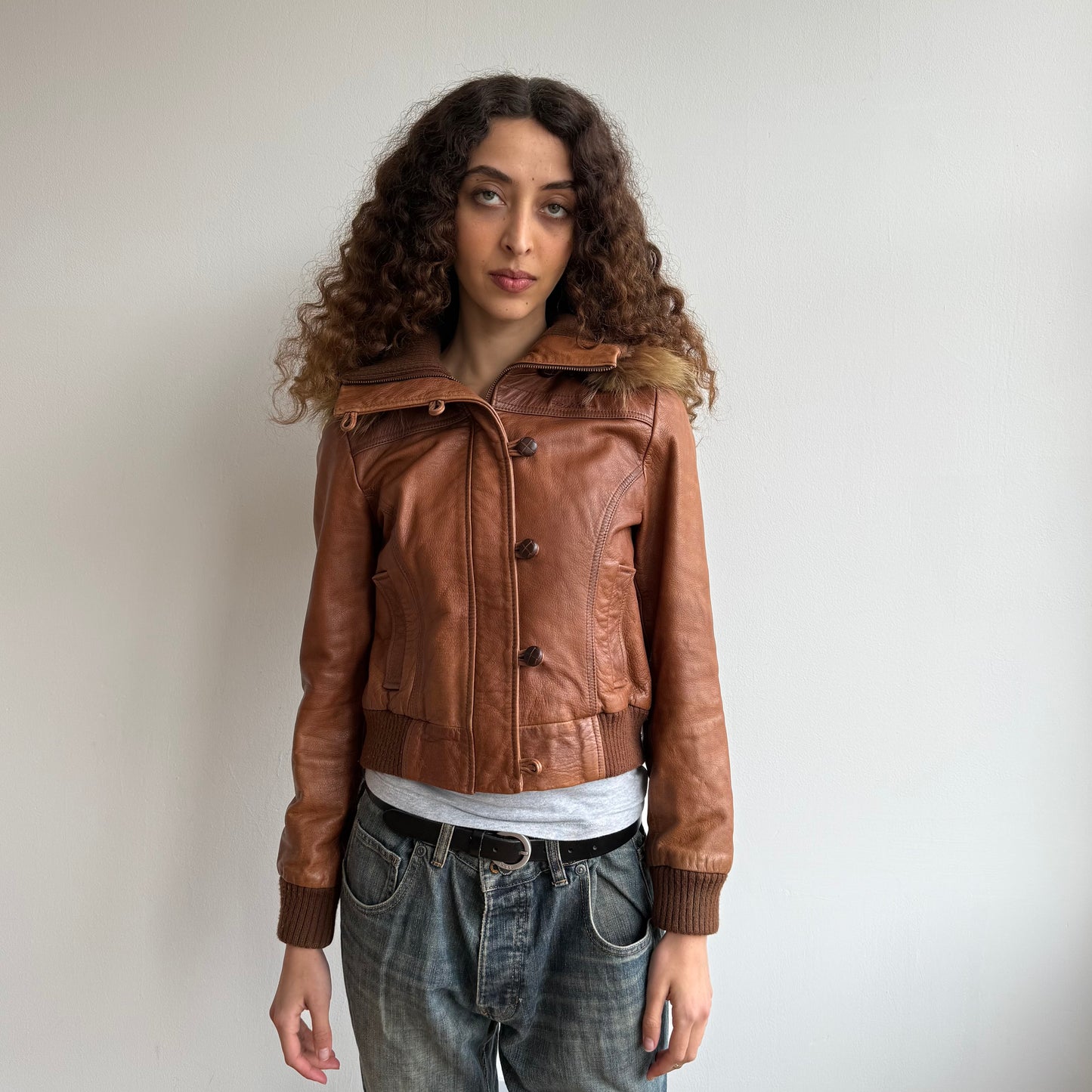 Brown leather fur hood bomber - Size S/M