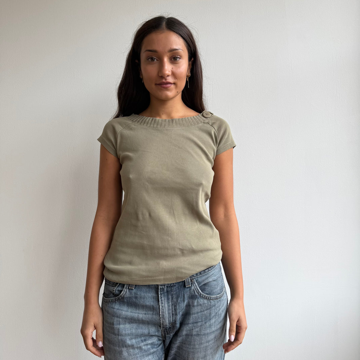 Khaki short sleeve button top - Size M