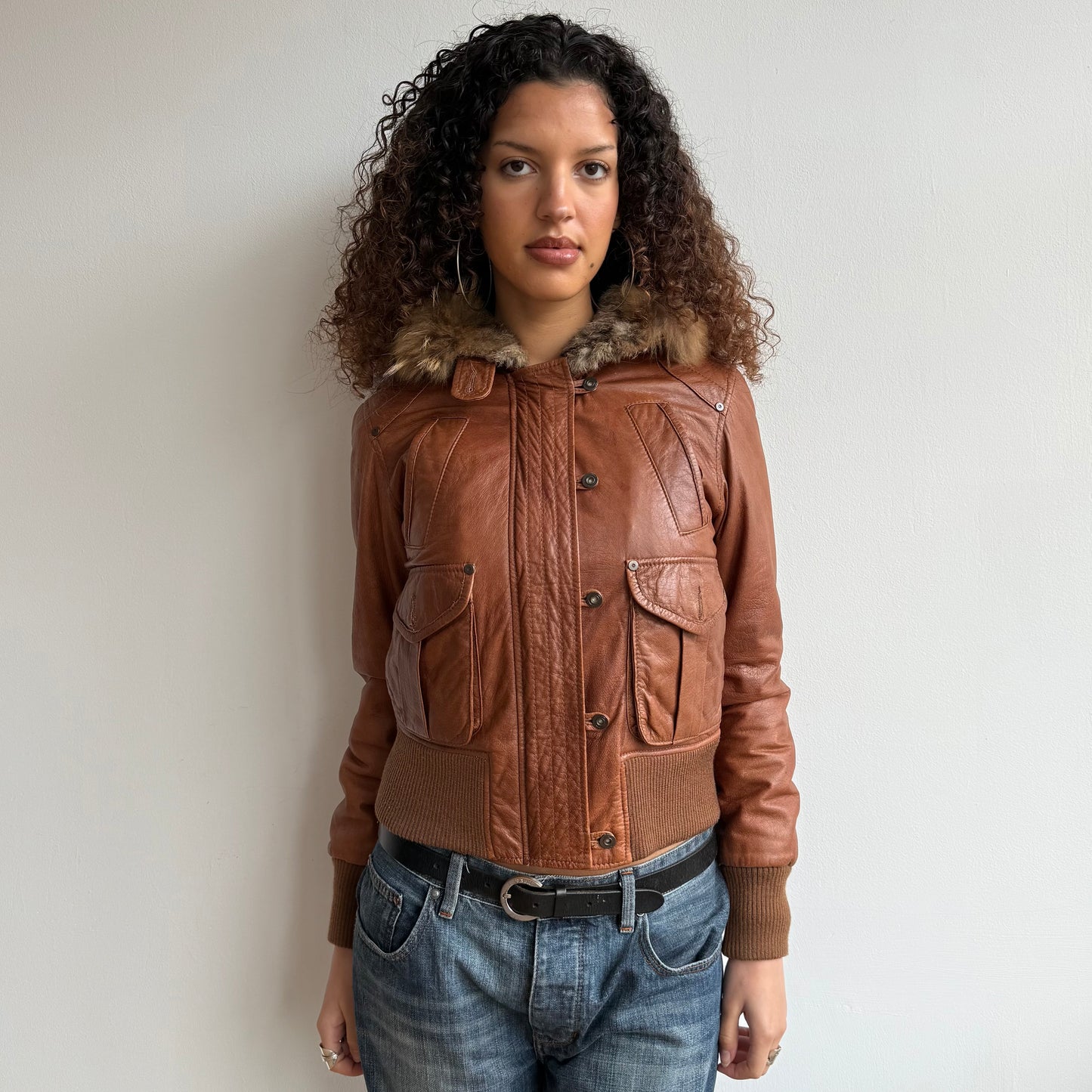 Brown leather real fur bomber - Size M
