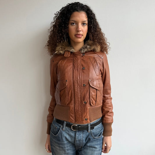 Brown leather real fur bomber - Size M