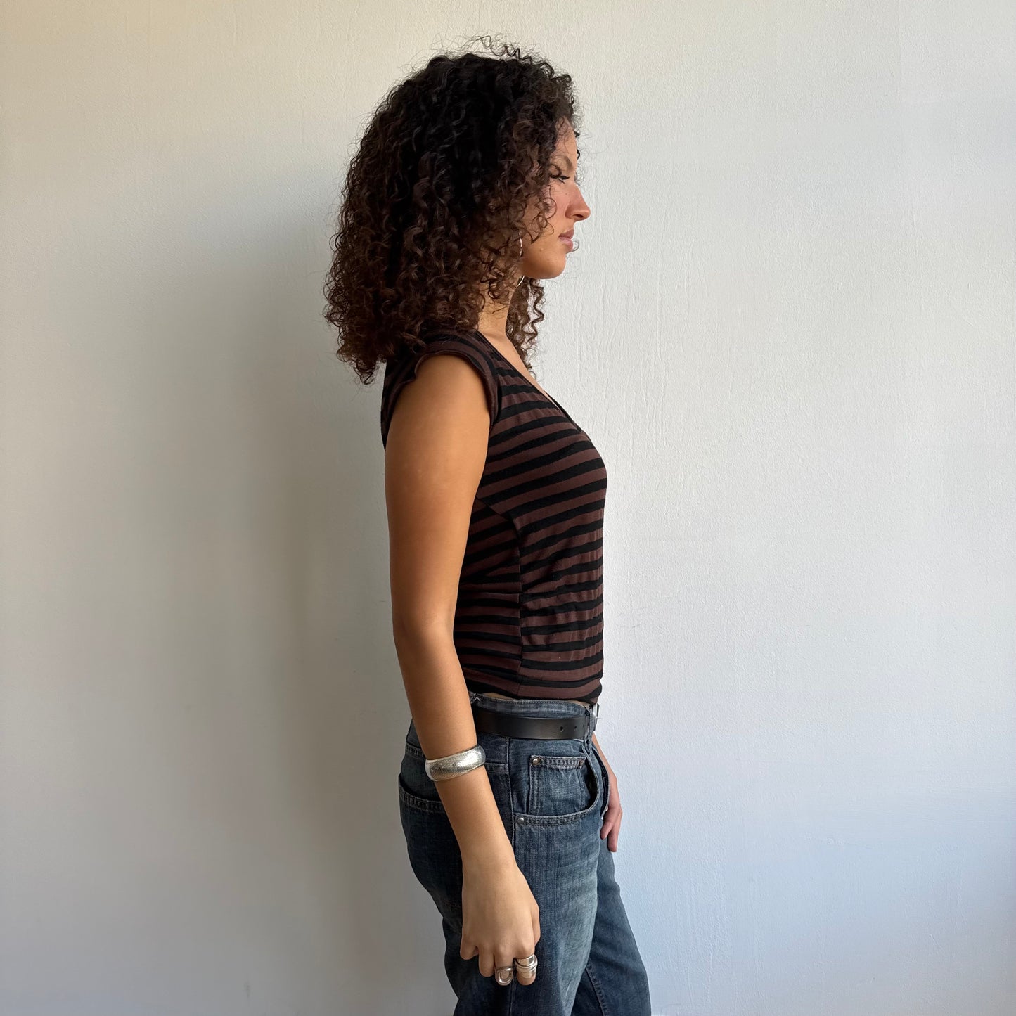 Brown + black stripe wrap top - Size M