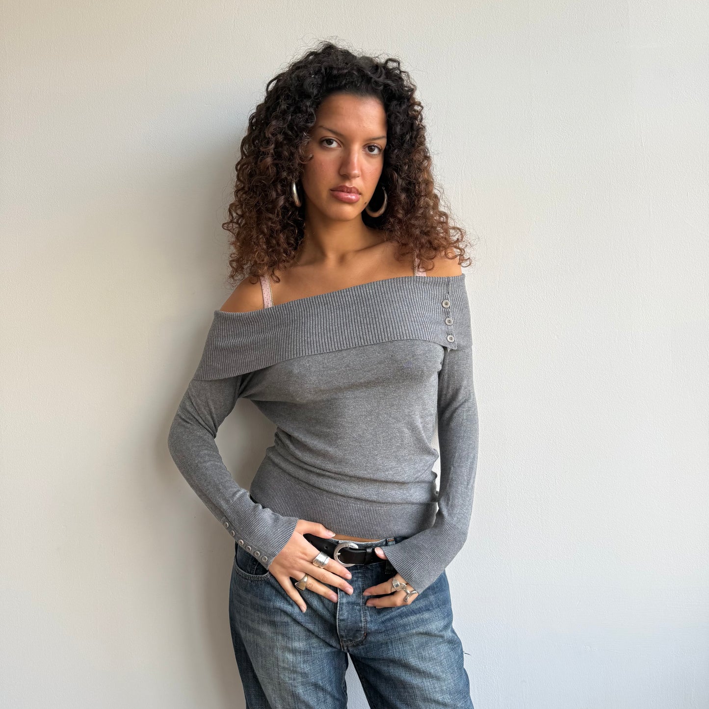 Grey button bardot knit - Size S