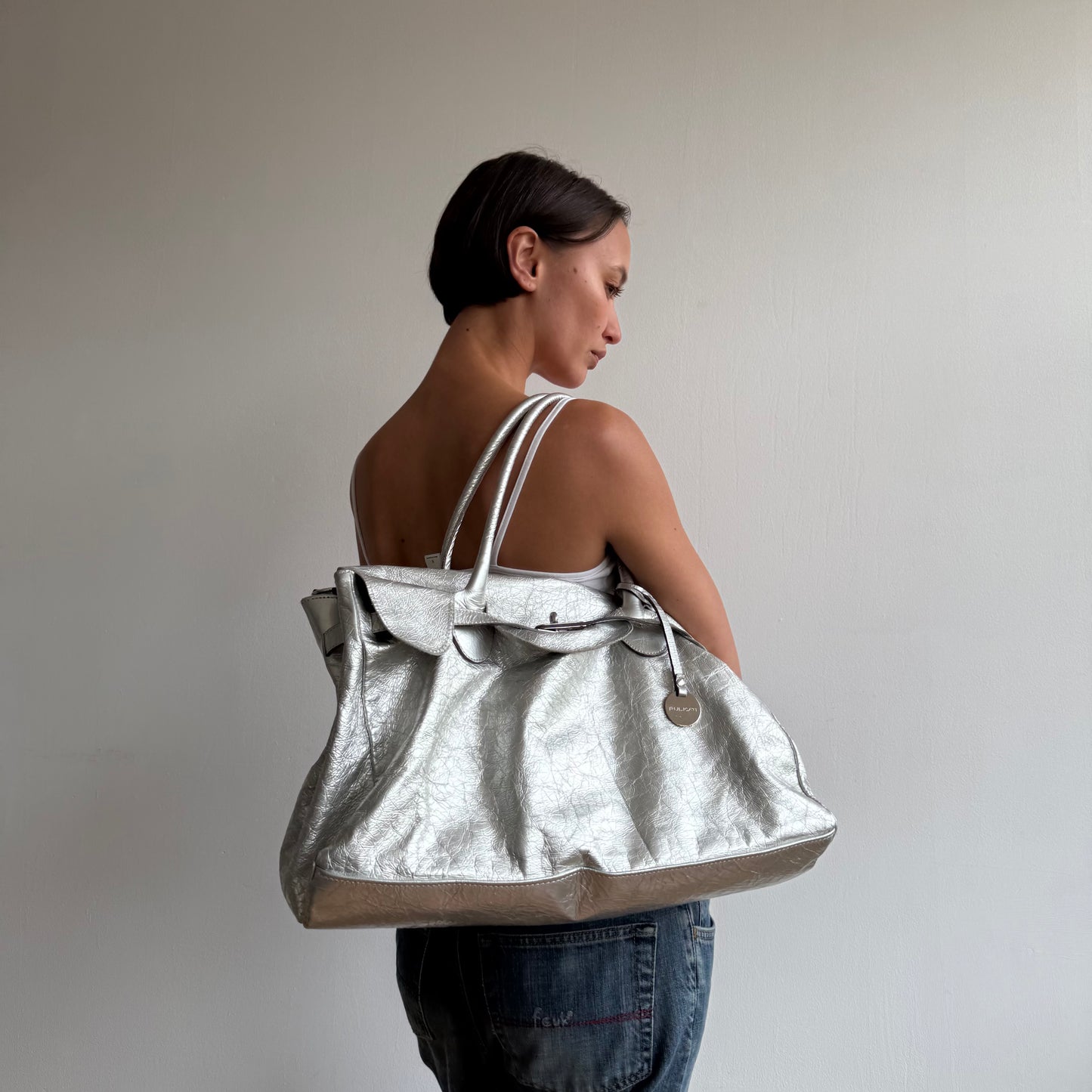 Silver leather ‘firkin’ bag - One Size