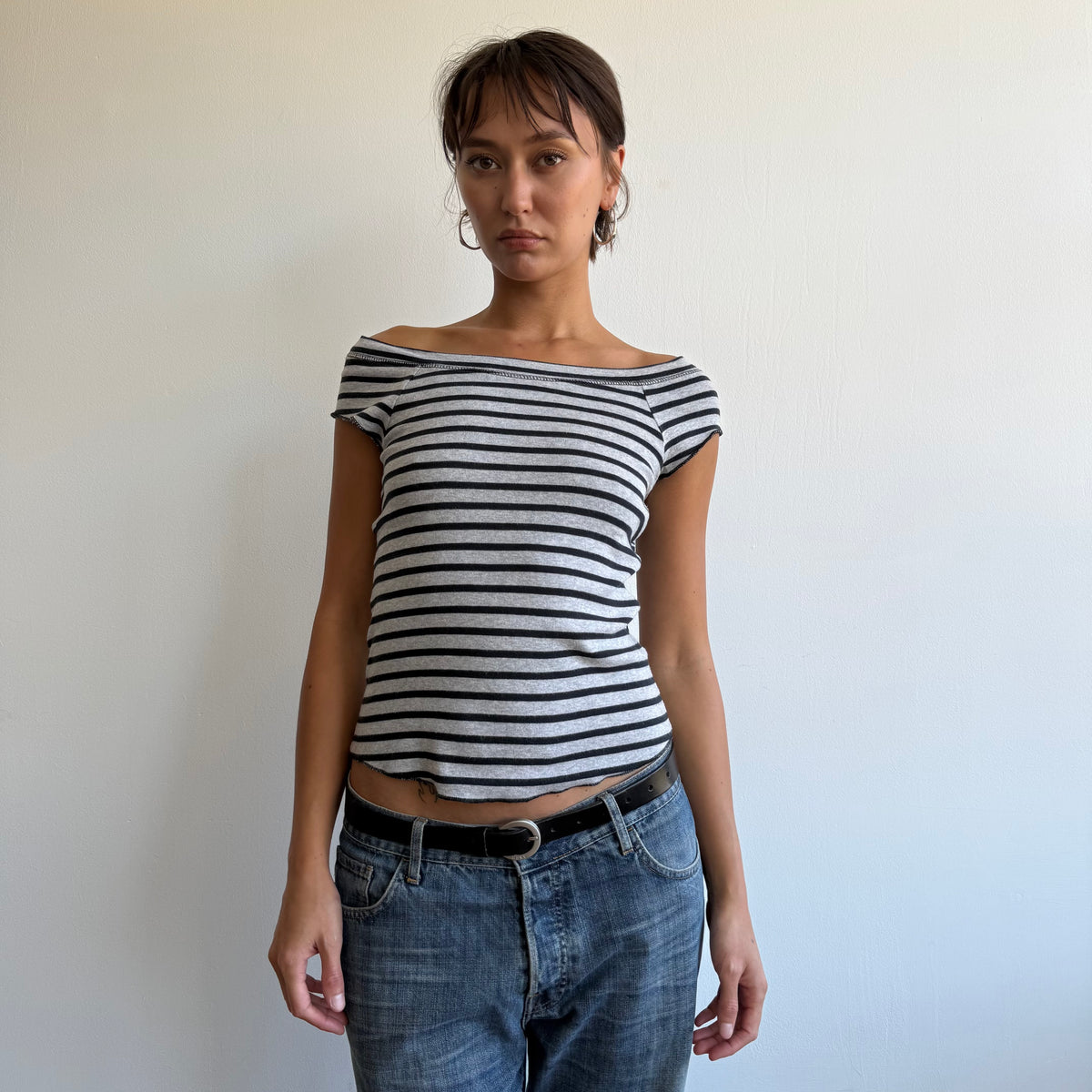 Navy + grey striped top - Size S-M