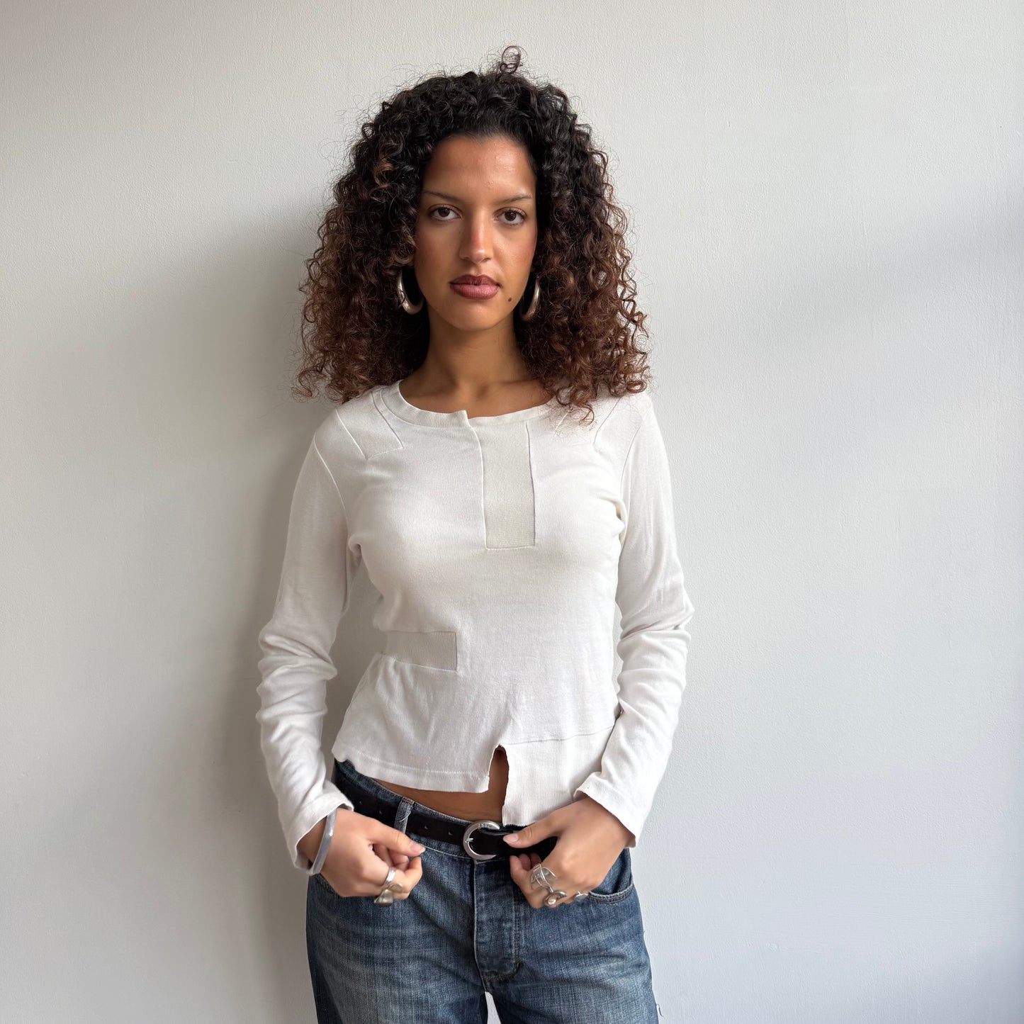 Cream patchwork long sleeve top - Size S