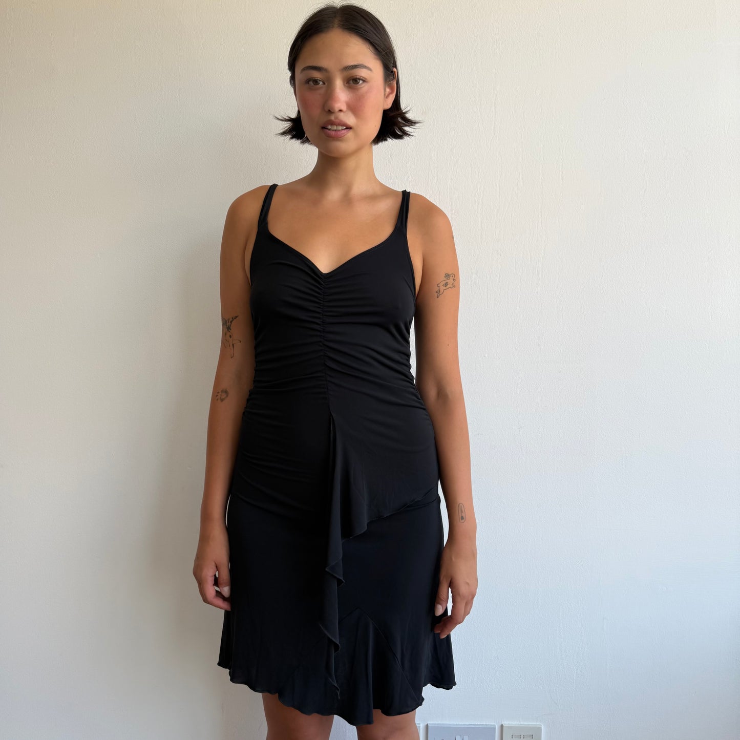 Black ruched open tie back dress - Size S