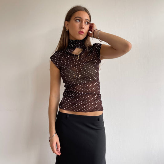 Brown polka dot mesh top - Size S