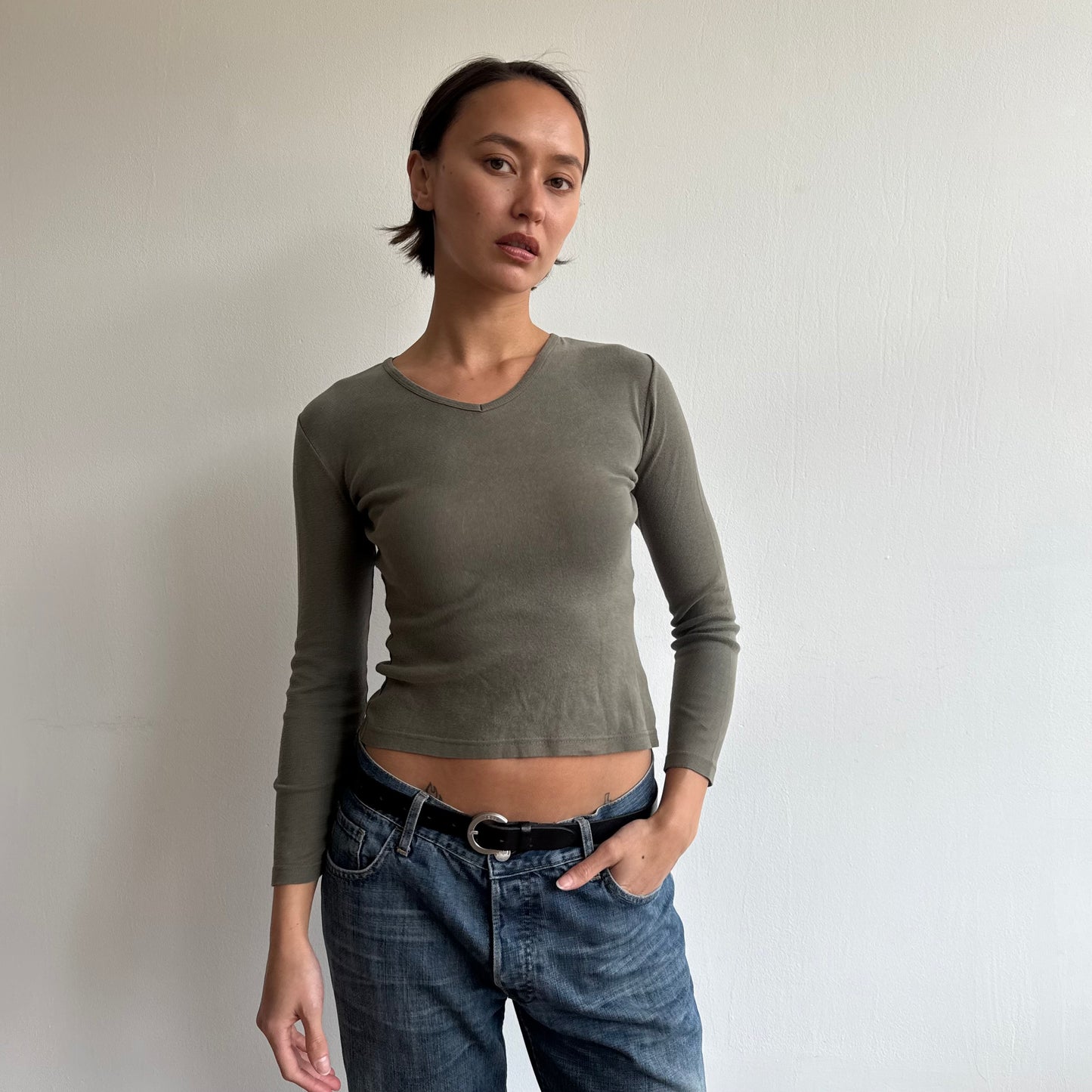 Khaki v-neck top - Size S