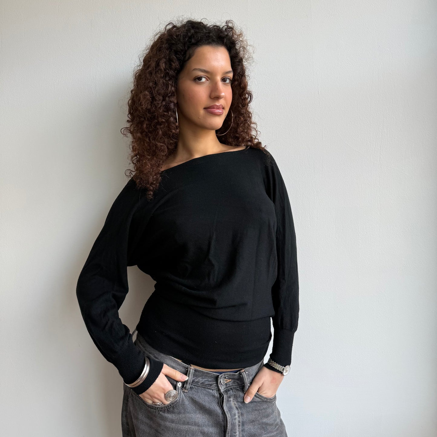 Black slouchy Bardot jumper - Size S