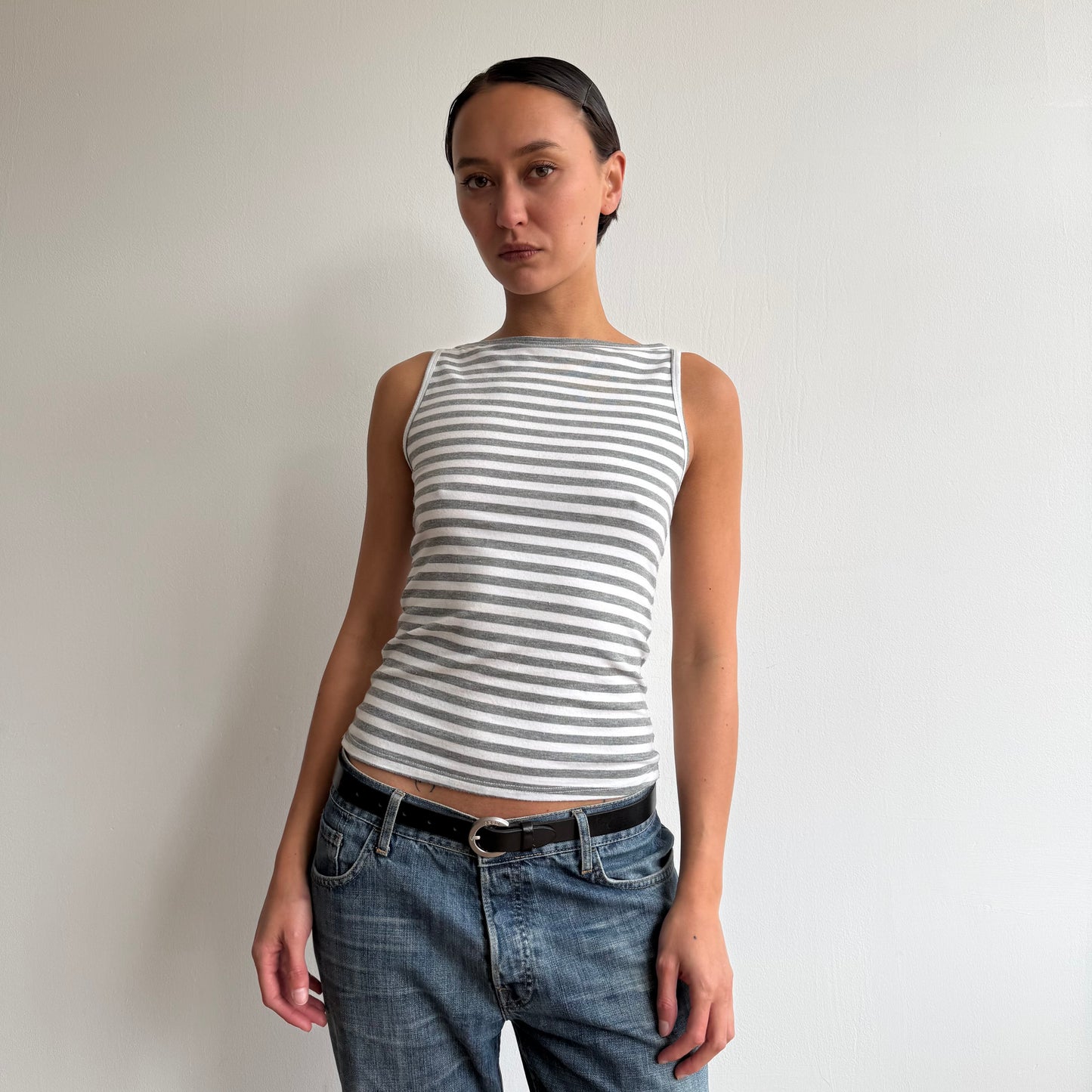 Grey + white striped top - Size S-M