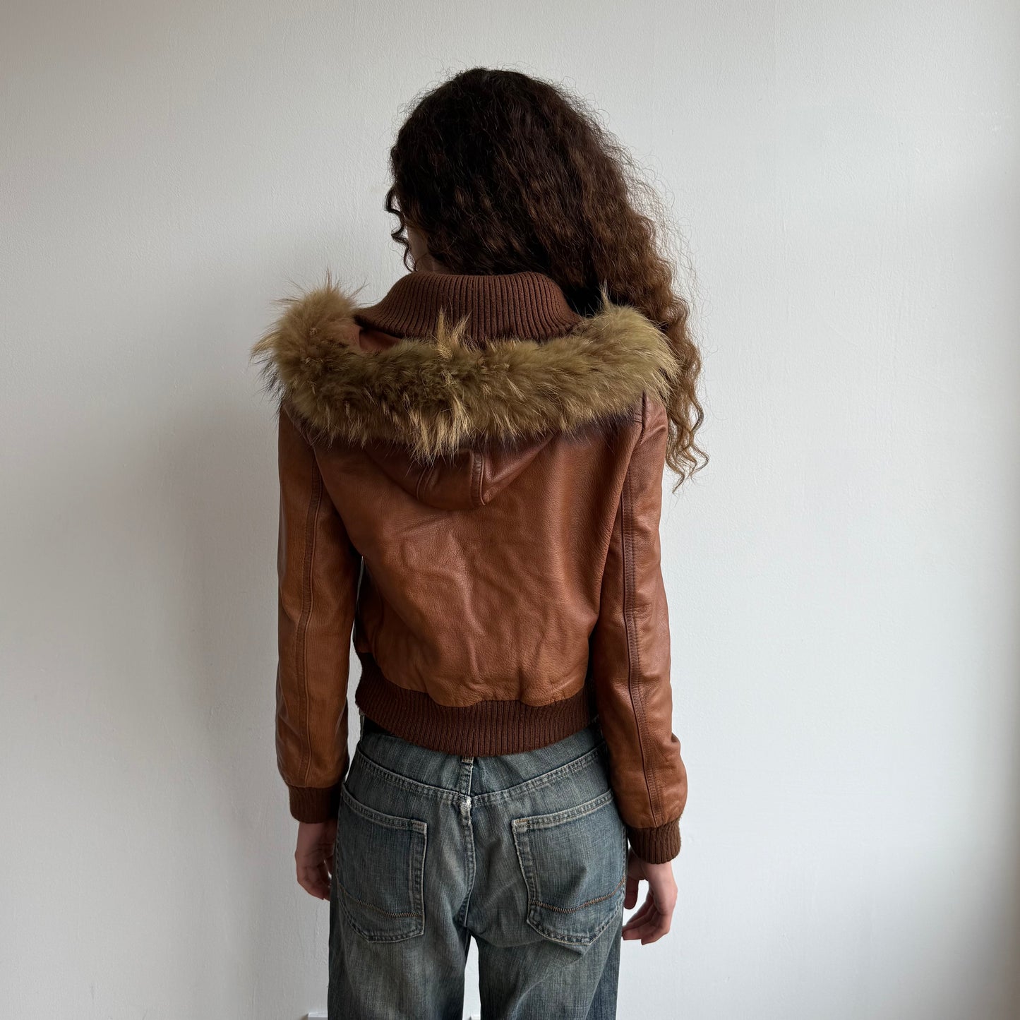 Brown leather fur hood bomber - Size S/M