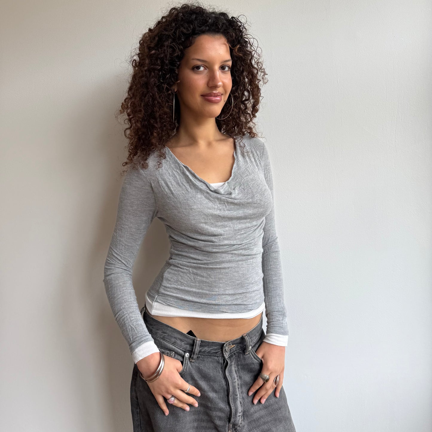 Grey double layer fine knit top - Size S + M