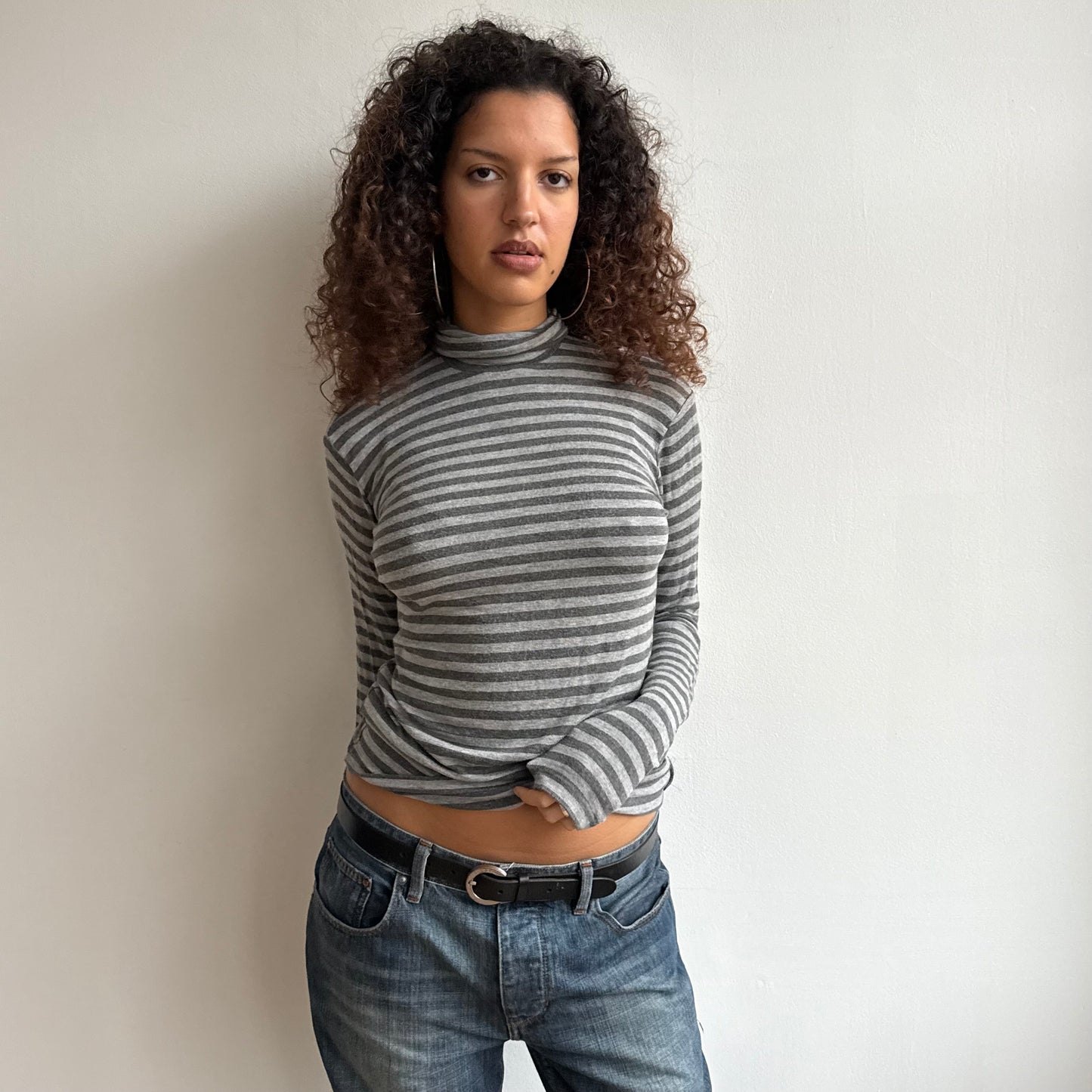 Grey stripe roll neck jumper - Size M