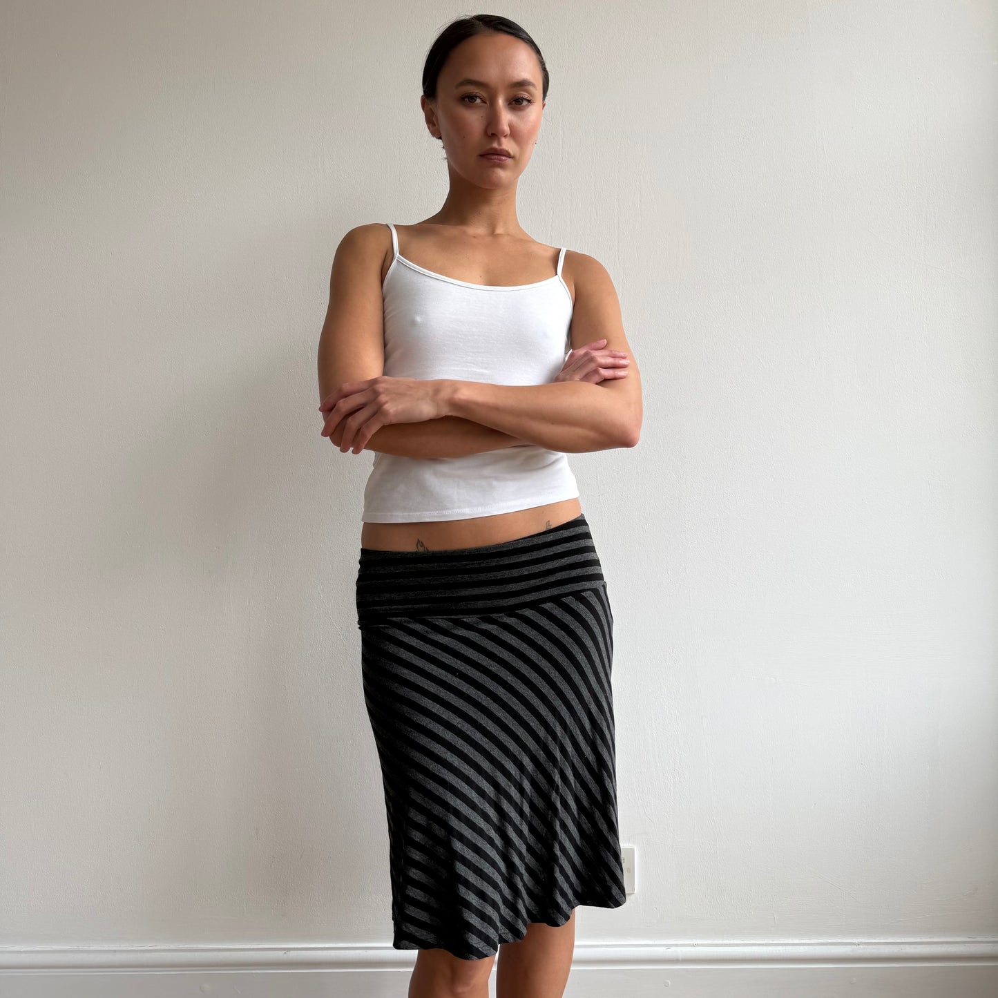Black + grey striped midi skirt - Size S