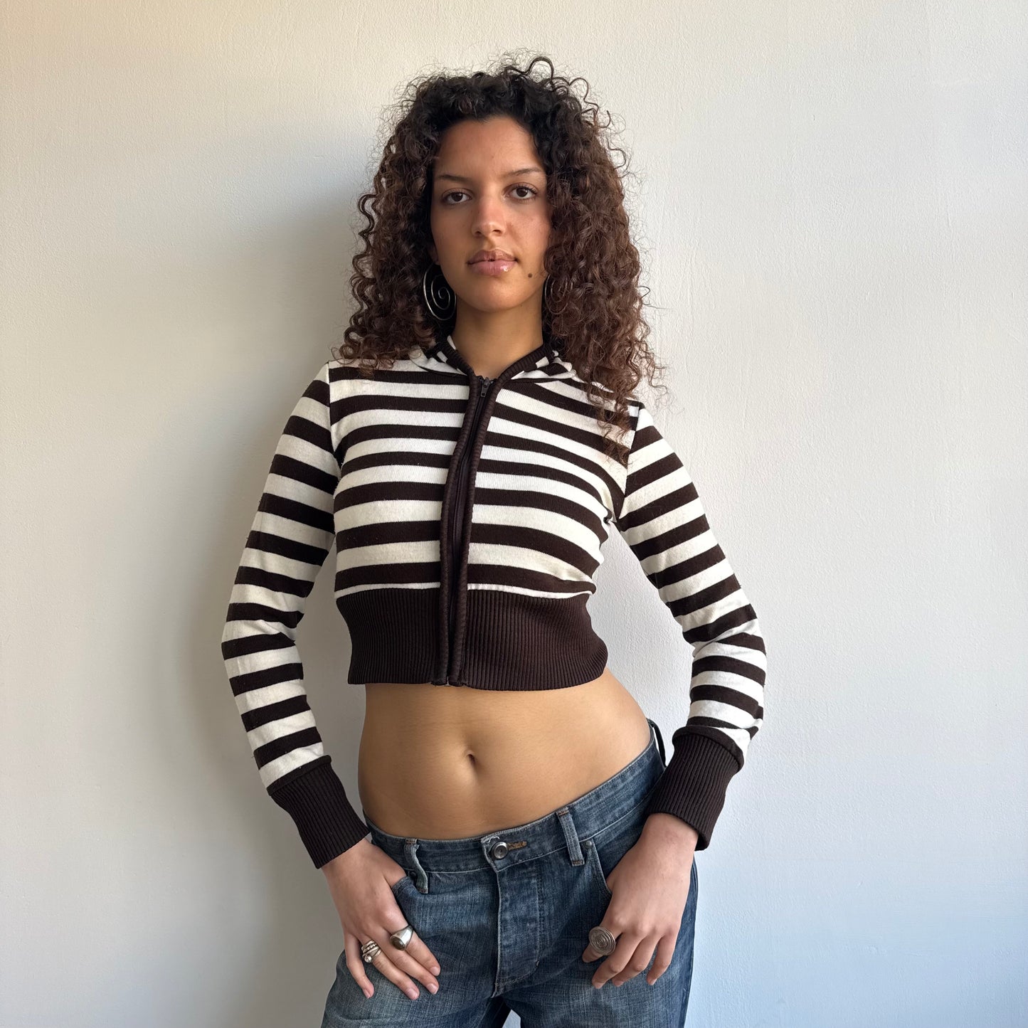 Brown and cream striped hoodie - Size S/M