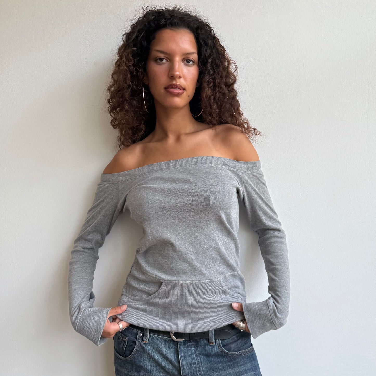 Grey pocket bardot top - Size M