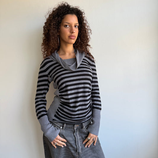 Grey + black striped cowl knit - Size S/M