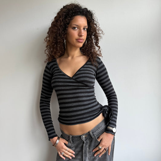 Grey + black striped wrap top - Size S