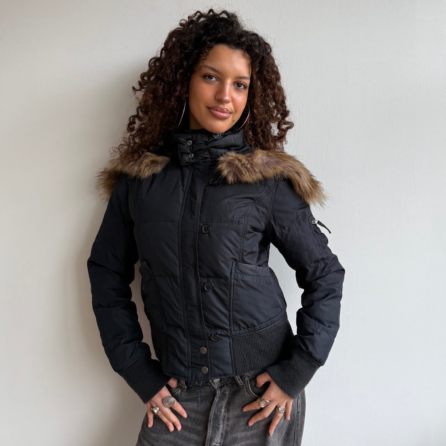 Black fur hood bomber - Size S