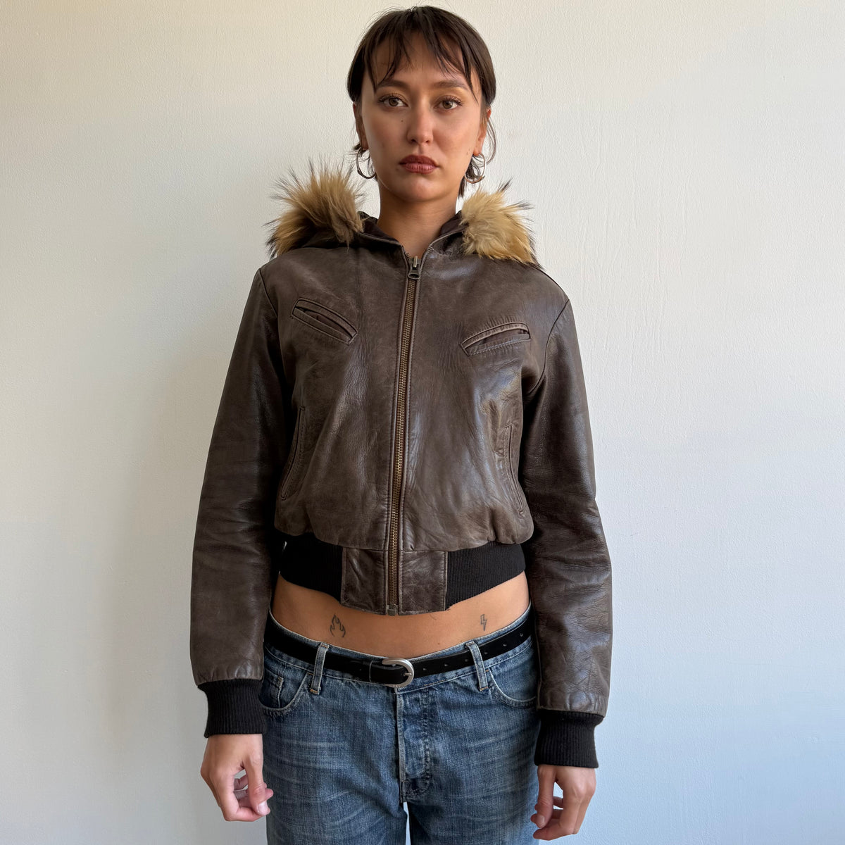 Brown leather fur hood bomber - Size S/M
