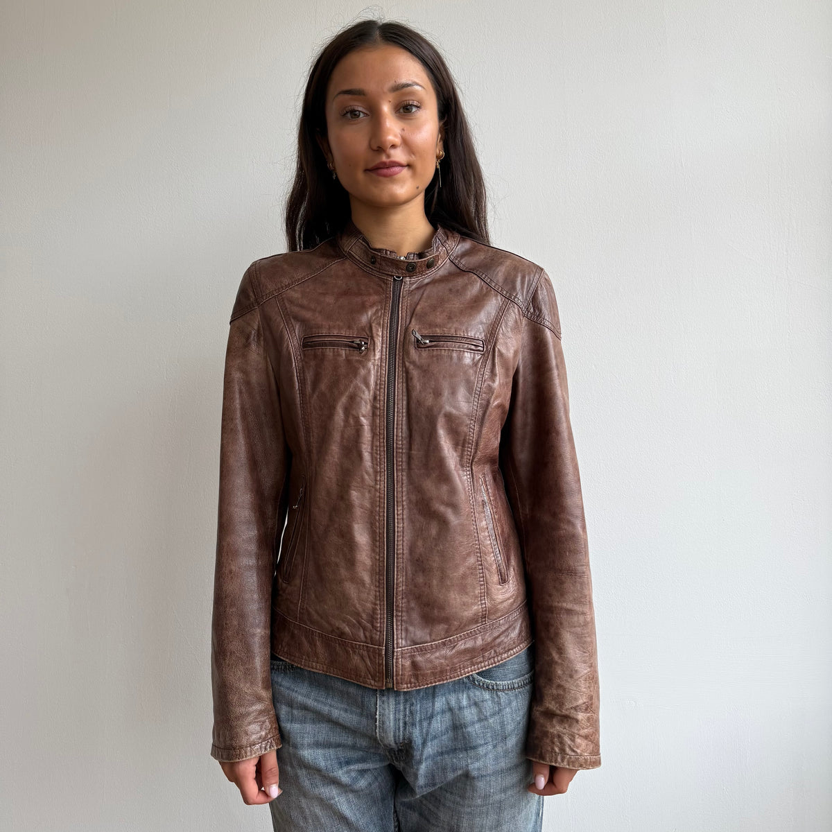 Brown leather motocross jacket - Size M