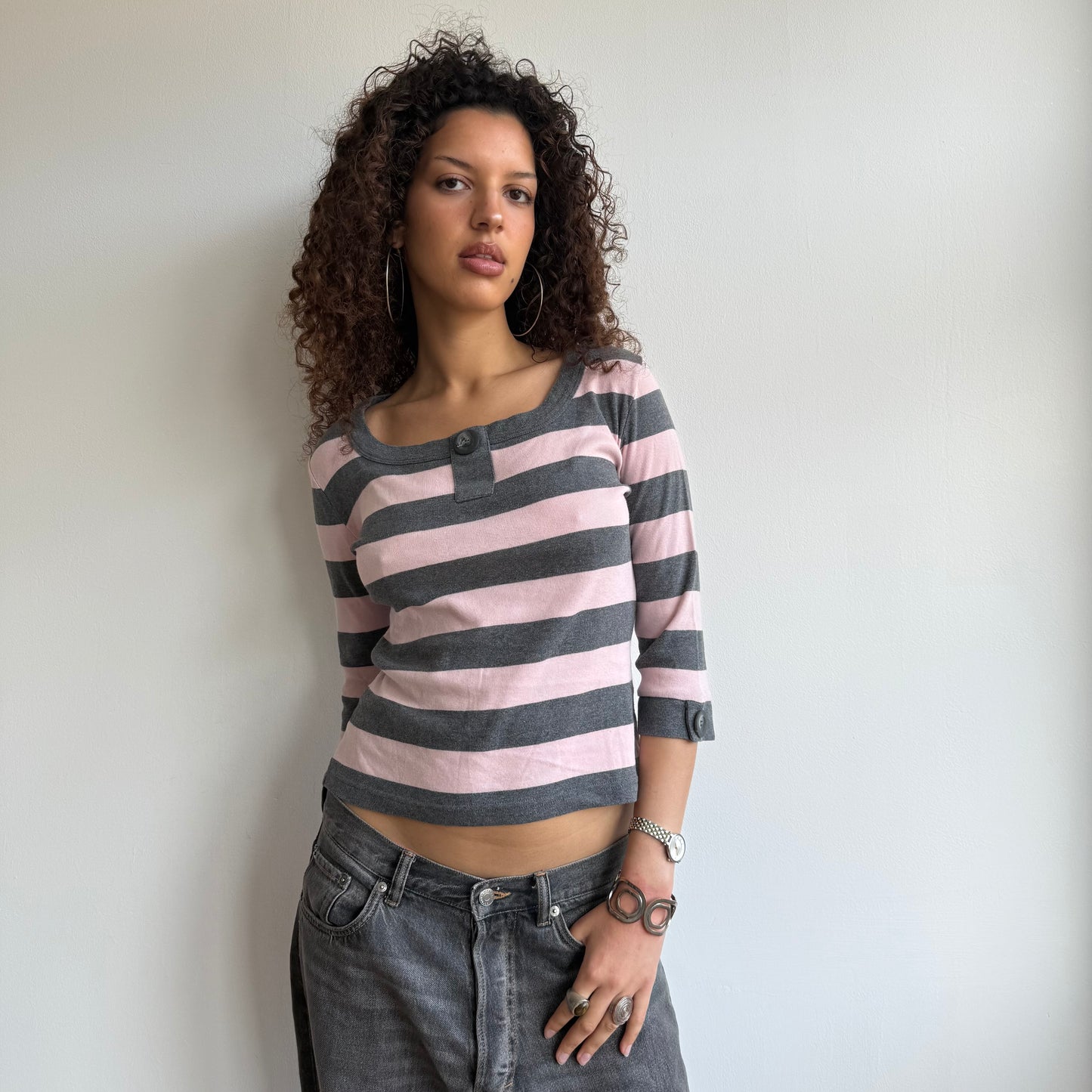 Grey + pink striped top - Size M