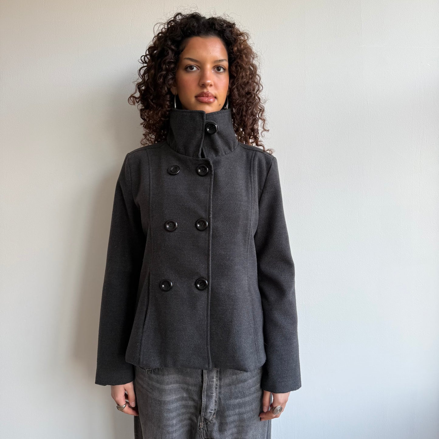 Grey button neck peacoat - Size L