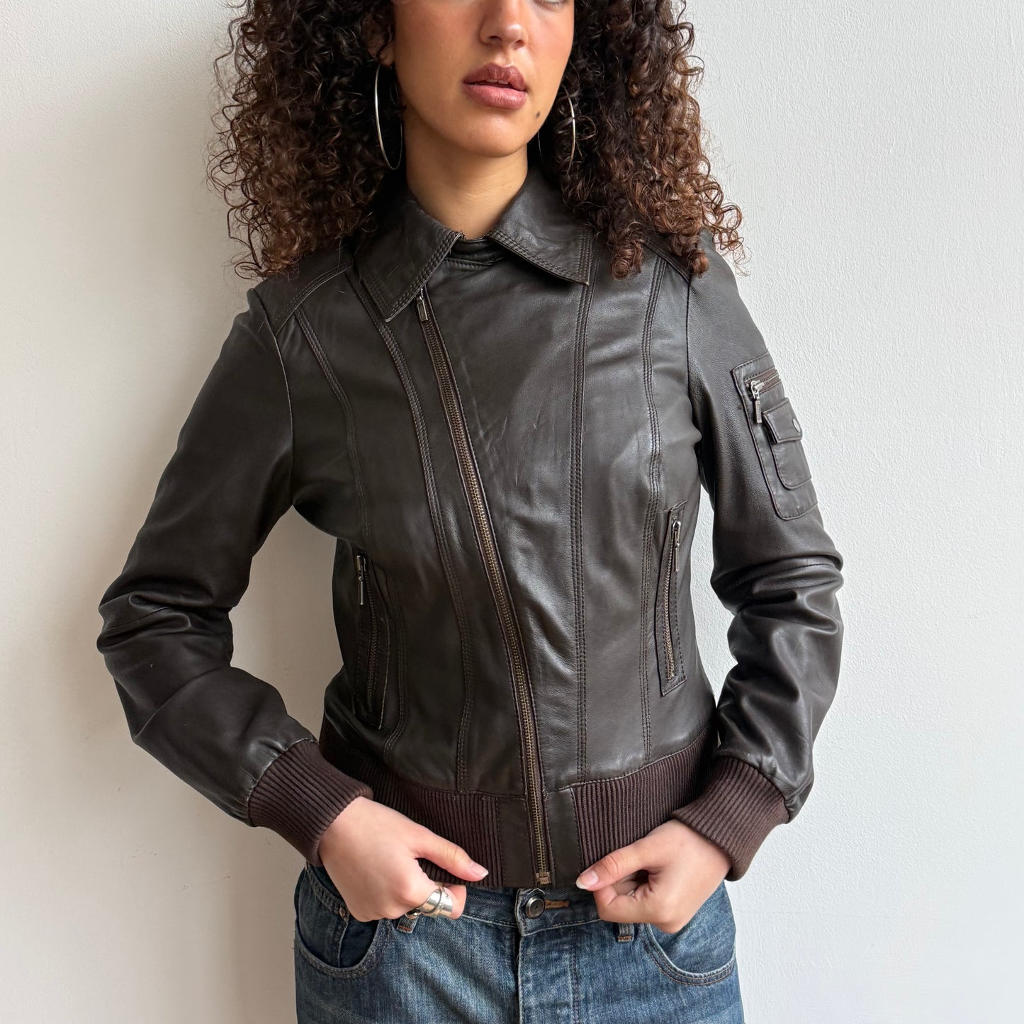 Brown asymmetric zip leather jacket - Size S