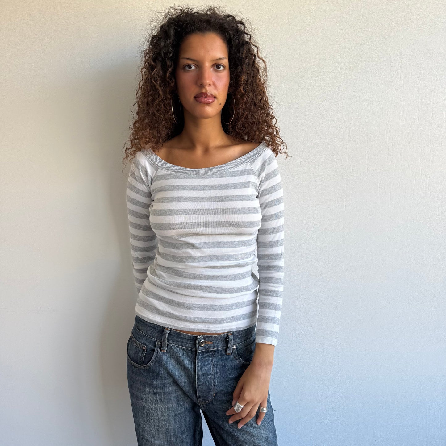 Grey + white striped bardot top - Size S
