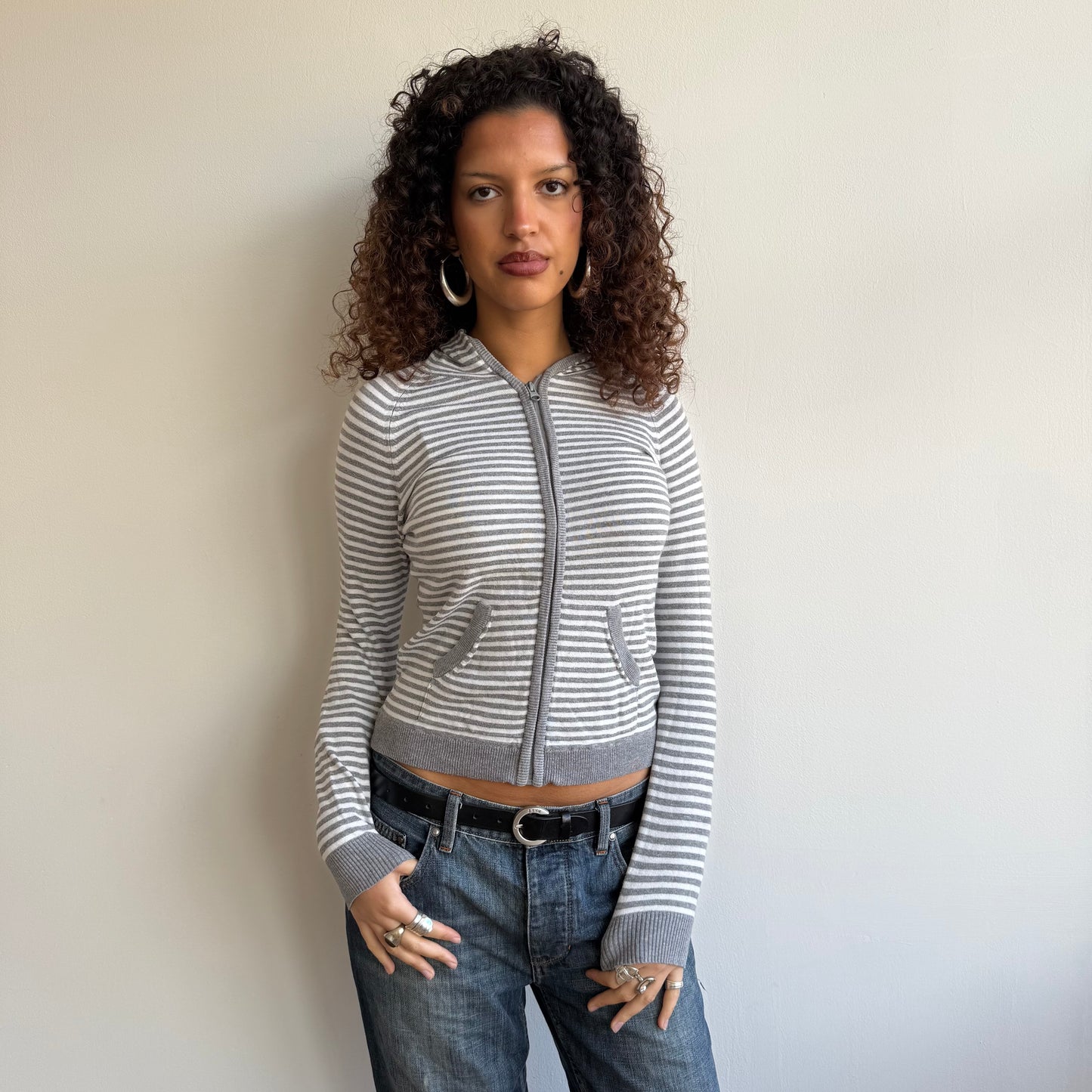 Grey + white striped knit hoodie - Size XS, S + M