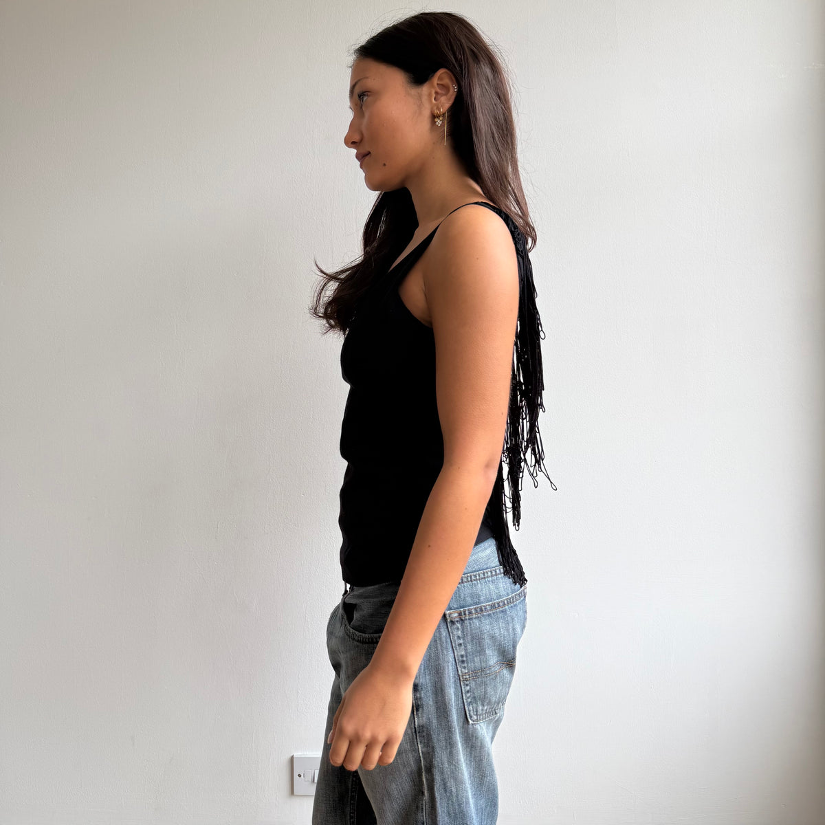 Black backless fringe top - Size S-M