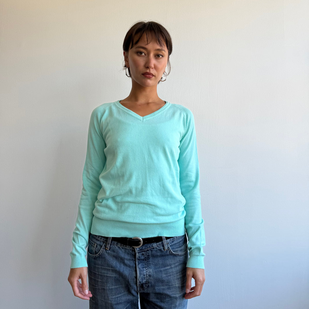 Turquoise v-neck knit jumper - Size M