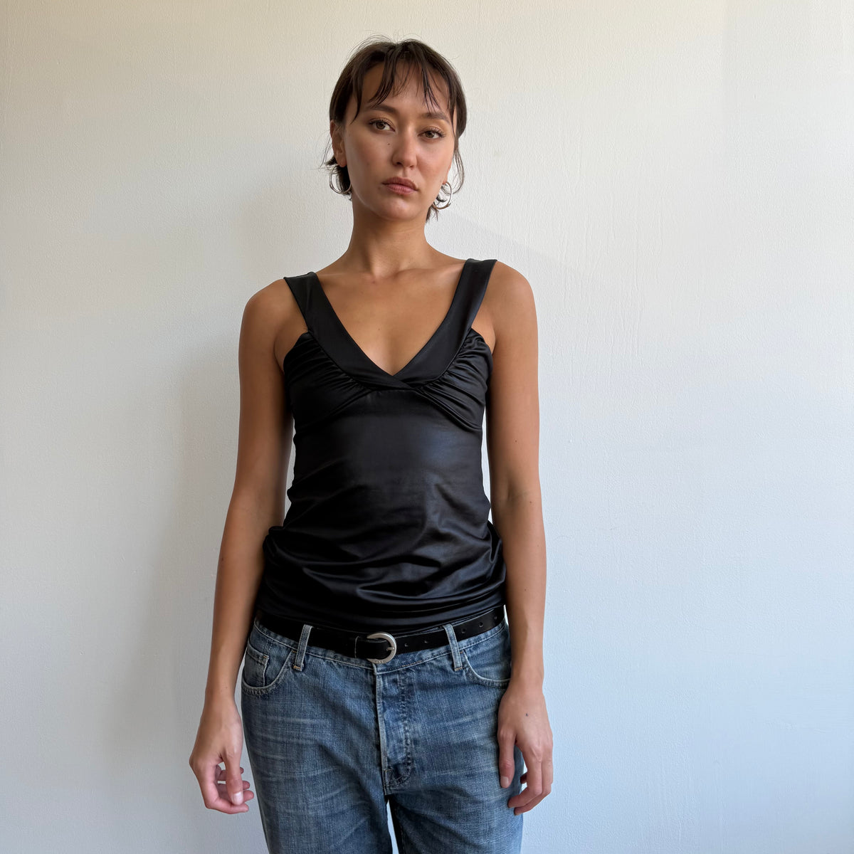 Black wet look cinched top - Size S