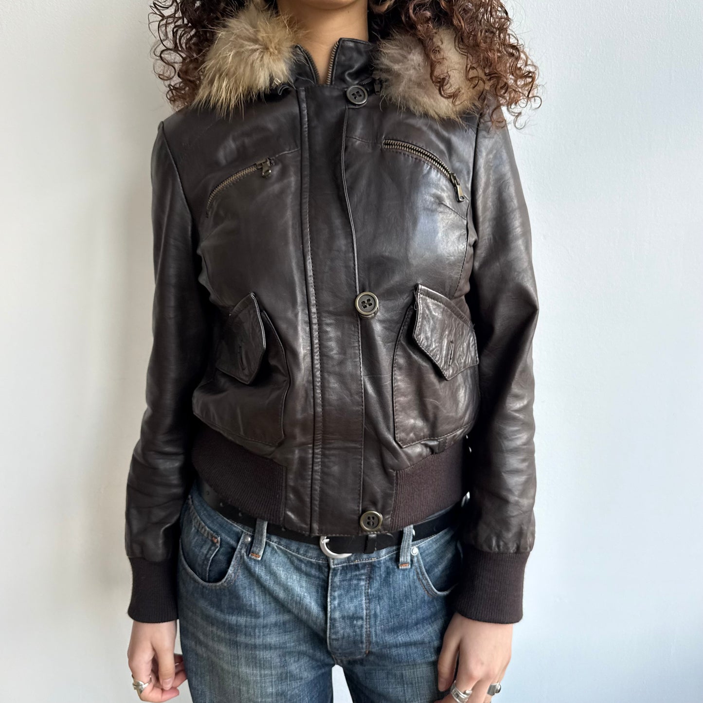 Dark brown leather zip fur hood jacket - Size M