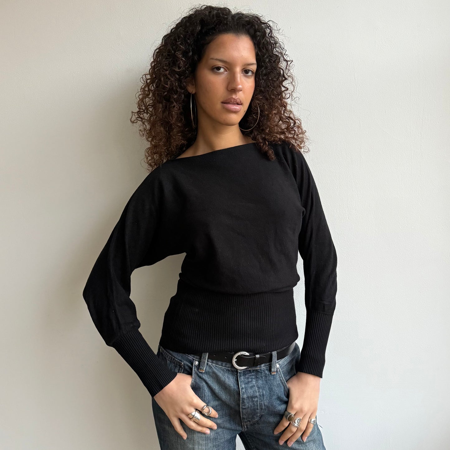 Black slouchy batwing jumper - Size S