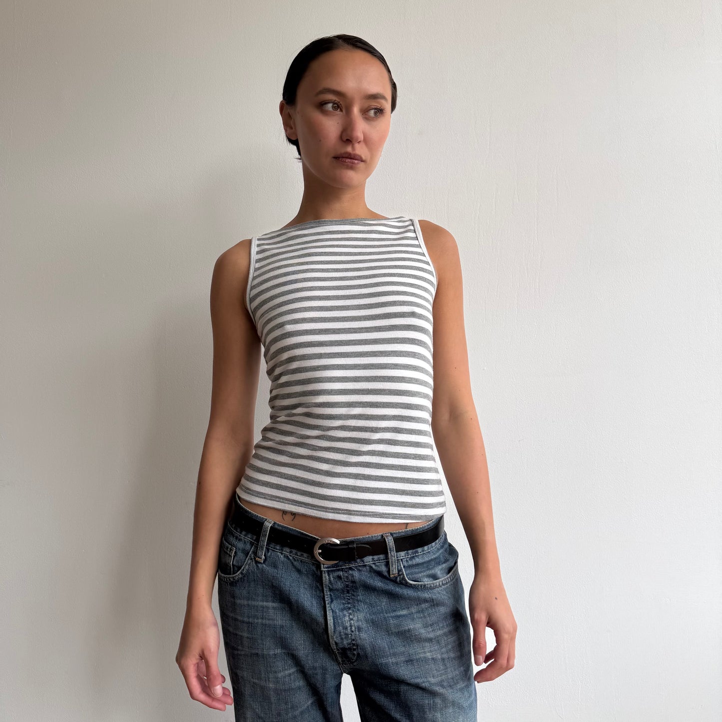 Grey + white striped top - Size S-M