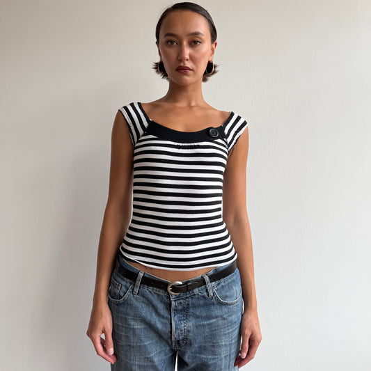 Black + white stripe button top - Size XXS/XS