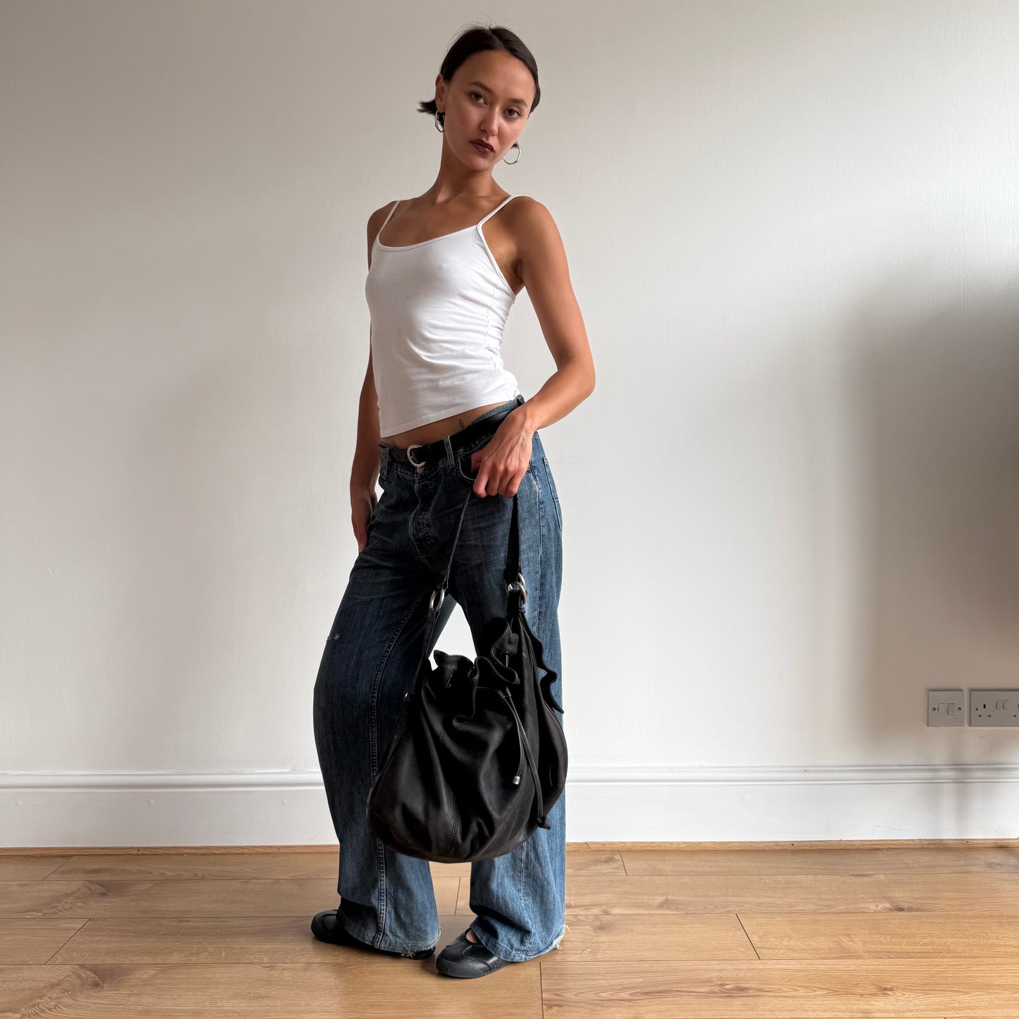 Black leather slouchy handbag - One Size