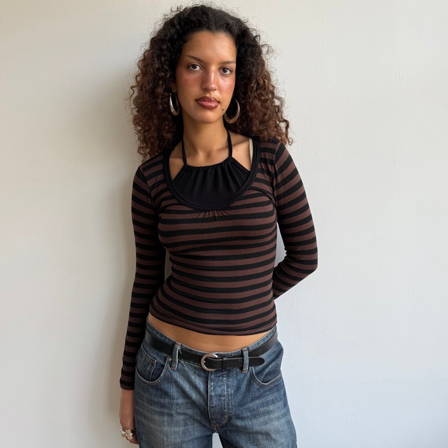 Brown striped 2in1 top - S
