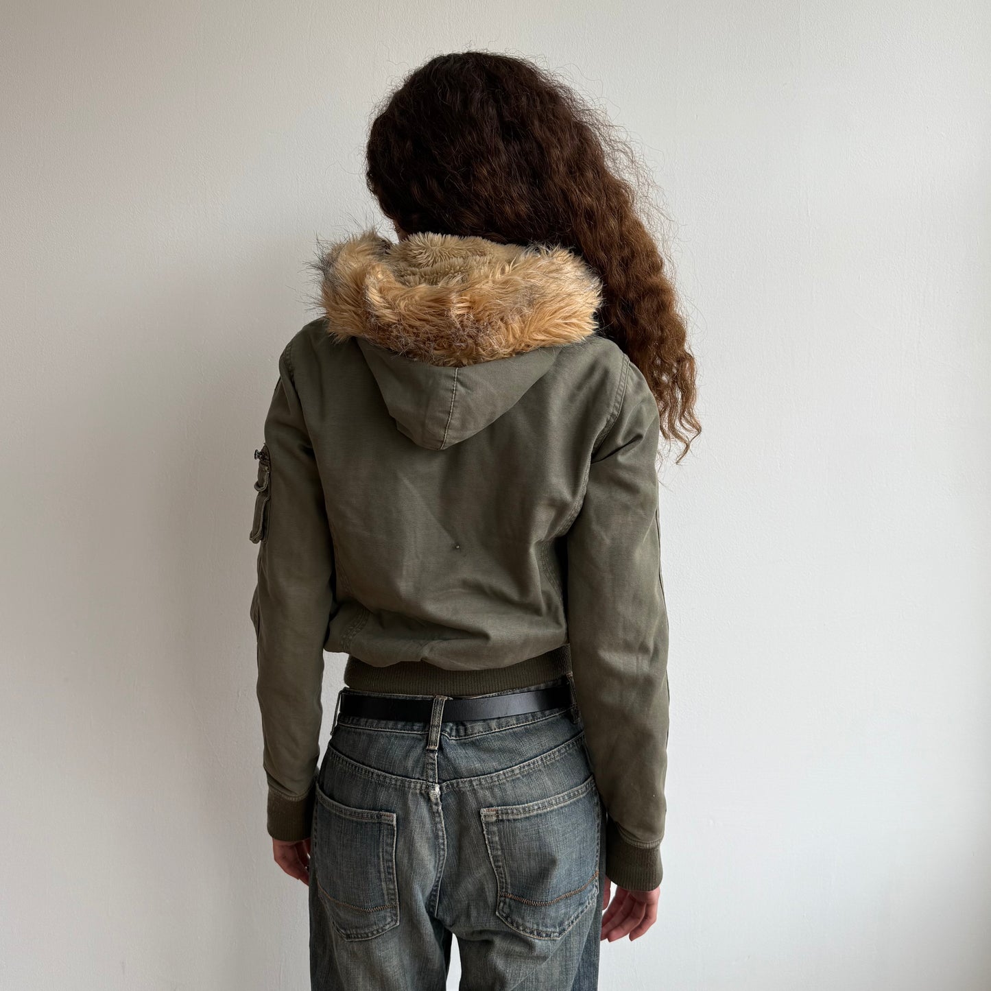 Khaki bomber with faux fur hood - Size S/M + M