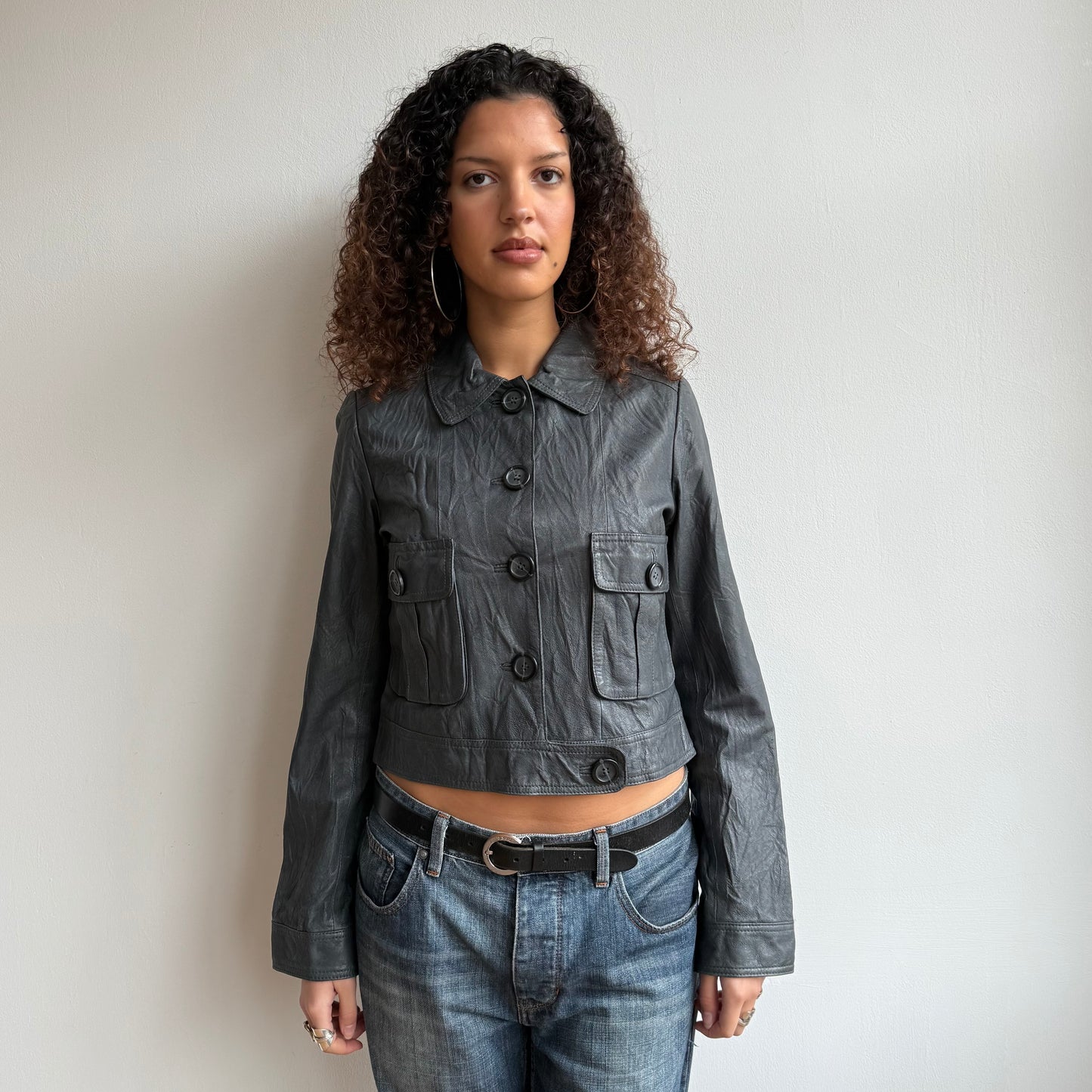 Charcoal leather button jacket - Size S + M