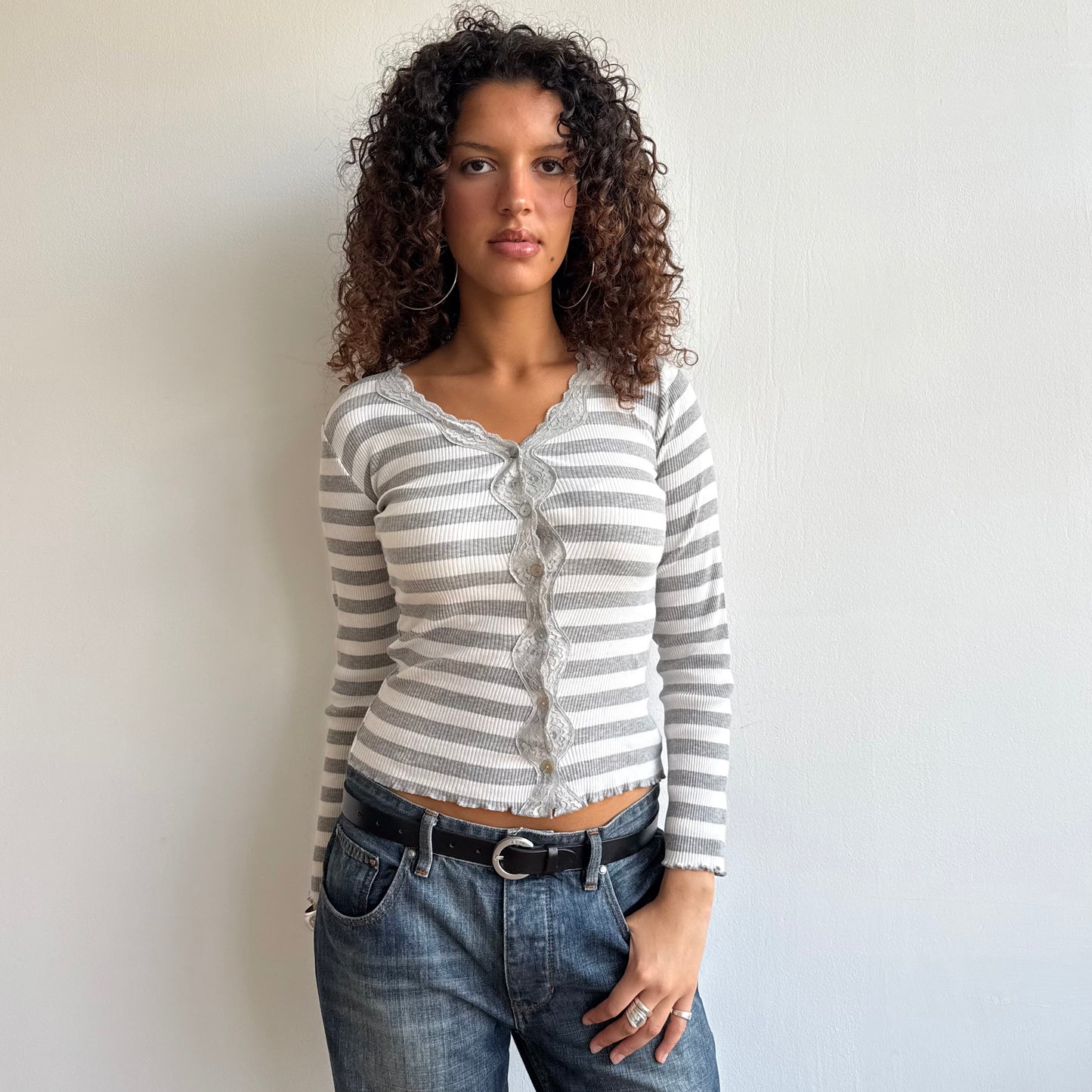 Grey + white stripe cardi - Size S