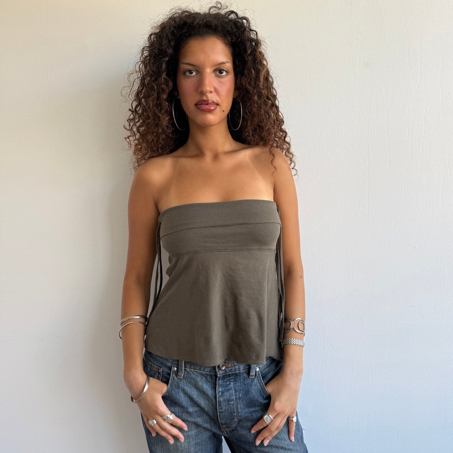 Khaki ruched bandeau top - Size S