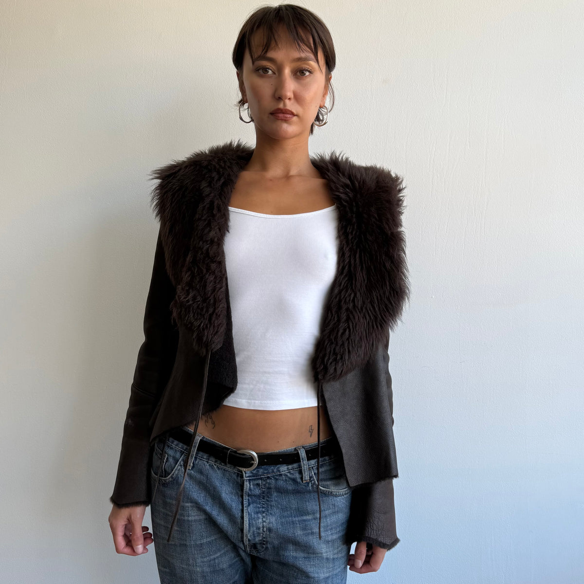 Brown leather fur tie afghan - Size S