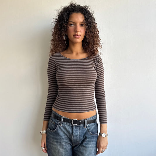 Brown + black striped top - Size XS