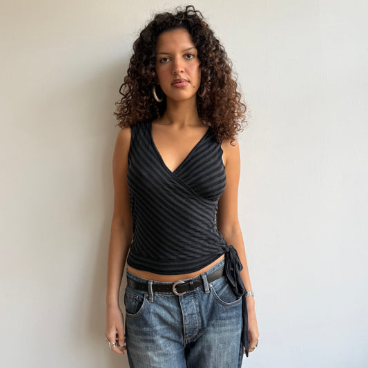 Black + grey stripe wrap top - Size S