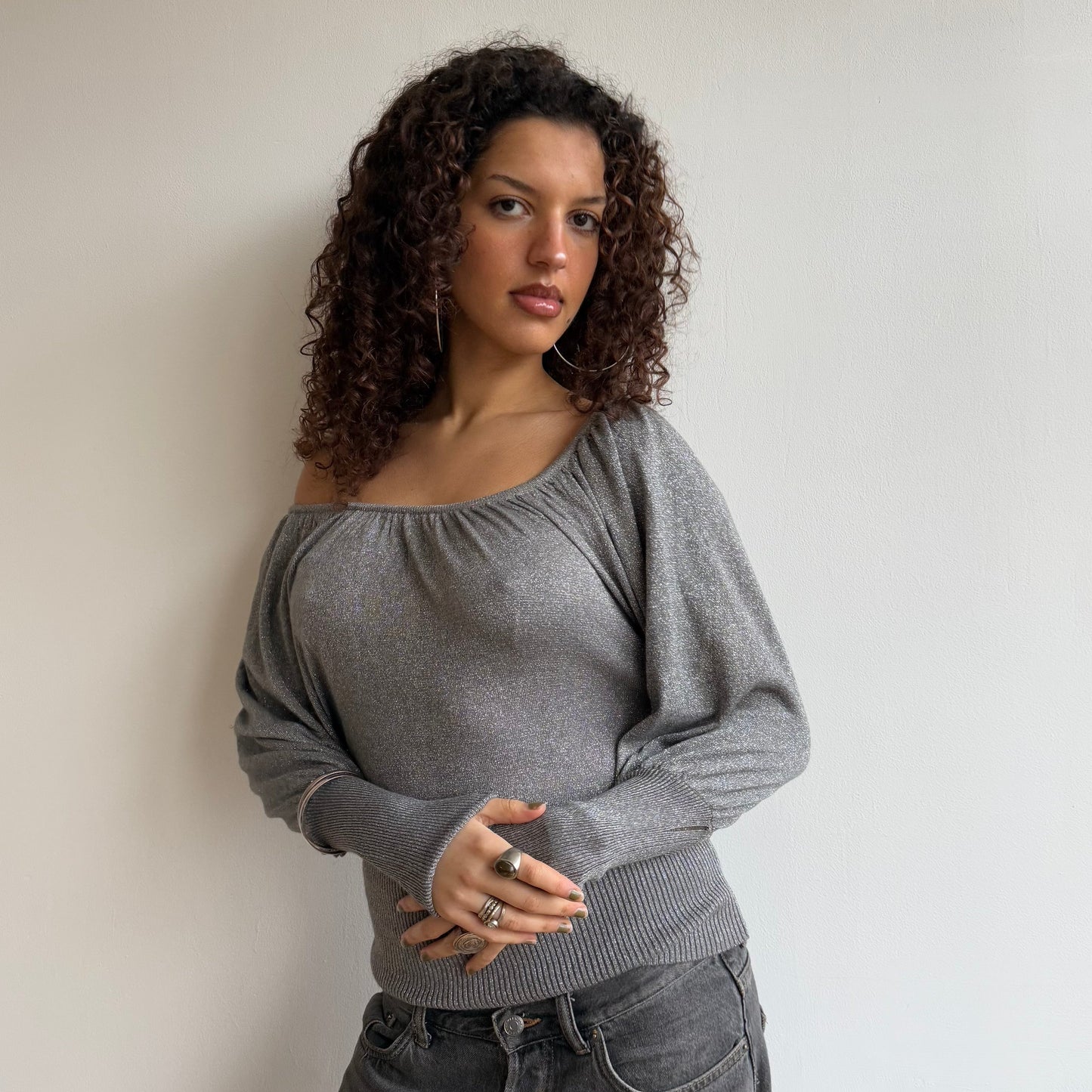Silver sparkly batwing knit - Size S